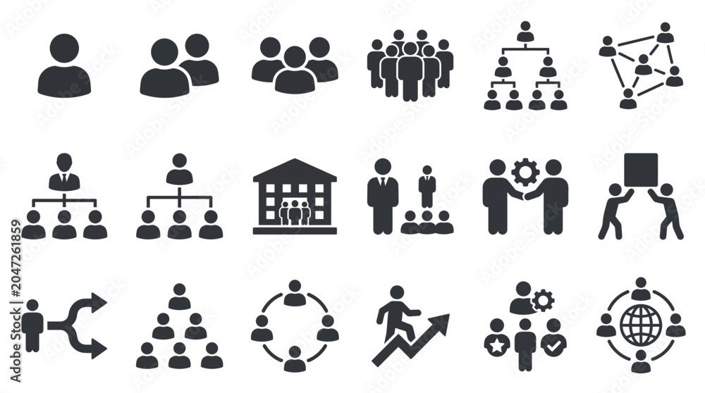 © Rosana - Flat business person icons and human resource symbols showing team management, leadership structure and organizational hierarchy, representing corporate strategy and workforce coordination