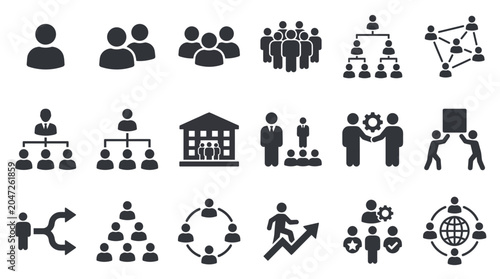 Flat business person icons and human resource symbols showing team management, leadership structure and organizational hierarchy, representing corporate strategy and workforce coordination