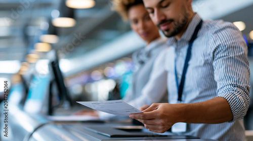 Airline ground staff assisting an anonymous male passenger at a check-in counter with boarding documents  airport customer service and departure concept  faceless  defocused
