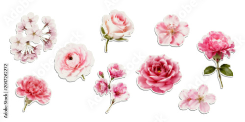 Vector pink halftone flowers. Stickers for trendy collage design.