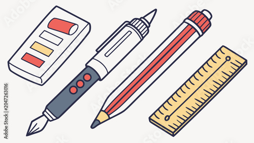 Stationery set including fountain pen pencil and ruler on desk with stationery