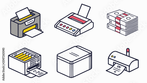 Office equipment and finance icons collection set with equipment, document