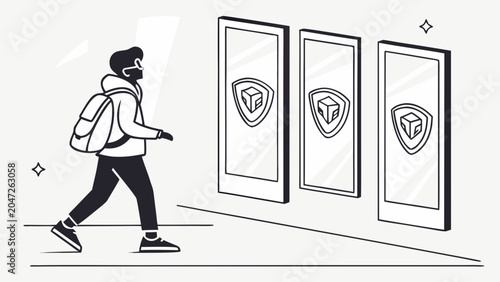 Young traveler walking past glowing shield displays with traveler, backpack