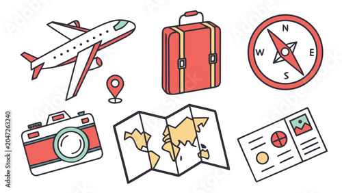 Travel and tourism icons set including airplane suitcase map and compass