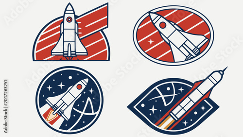 Set of four space rocket ship vector icons and mission emblems with exploration
