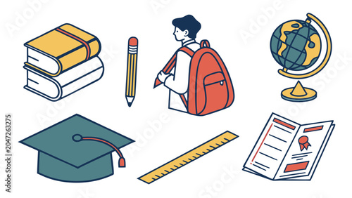 Education and school supplies set books student globe graduation cap