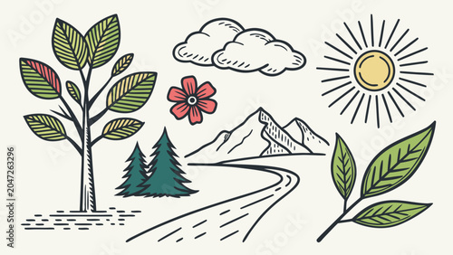 Hand drawn nature landscape elements collection with sun and mountains, mountain