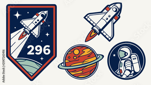 Space exploration and astronaut mission badges set with astronaut, exploration