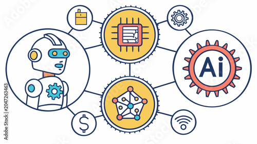 Artificial intelligence robot and technology connected network icons concept