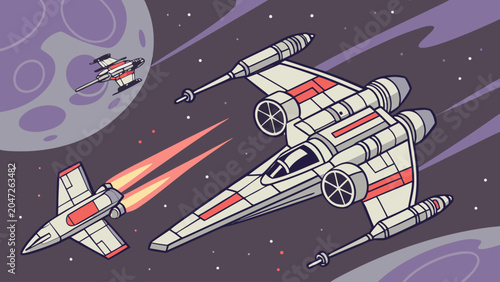 Space battle scene with two starships flying near a moon in deep space, starship