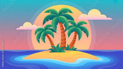 Exotic Beach Paradise Landscape with Palm Trees at Sunset