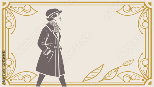 Elegant vintage style illustration of a woman in hat and coat frame