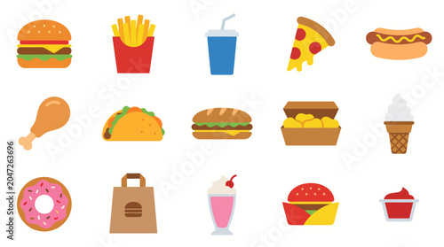 Colorful fast food icons on white.