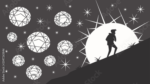 Man climbing hill toward glowing sun and floating diamonds with climbing