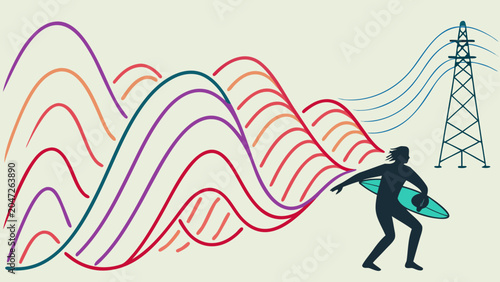 Surfer with surfboard and abstract wave line art surfboard recreation