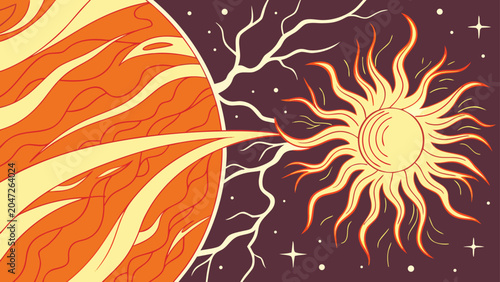 Celestial sun and planet abstract cosmic illustration with celestial, astronomy