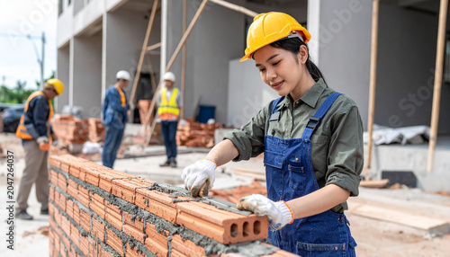 Professional construction worker laying bricks