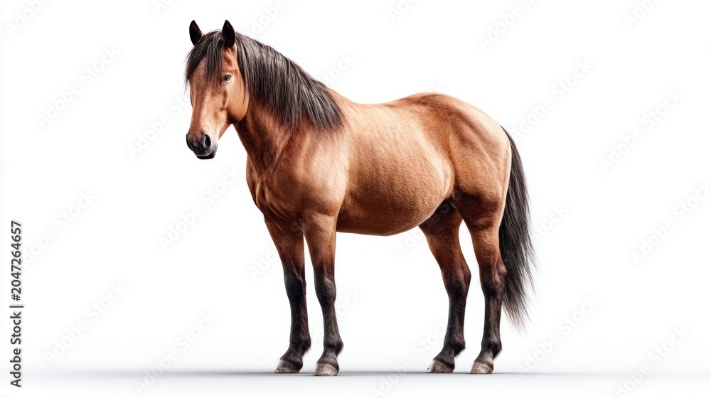 Obraz premium A majestic brown horse stands proudly against a clean white background, showcasing its powerful physique