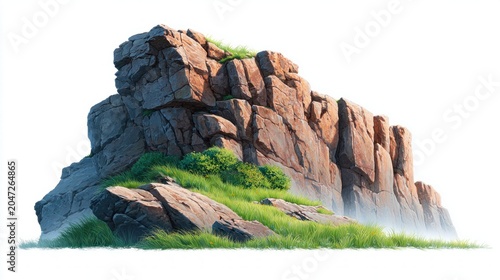 Majestic rock formation with vibrant green grass and a hint of mist on a white background