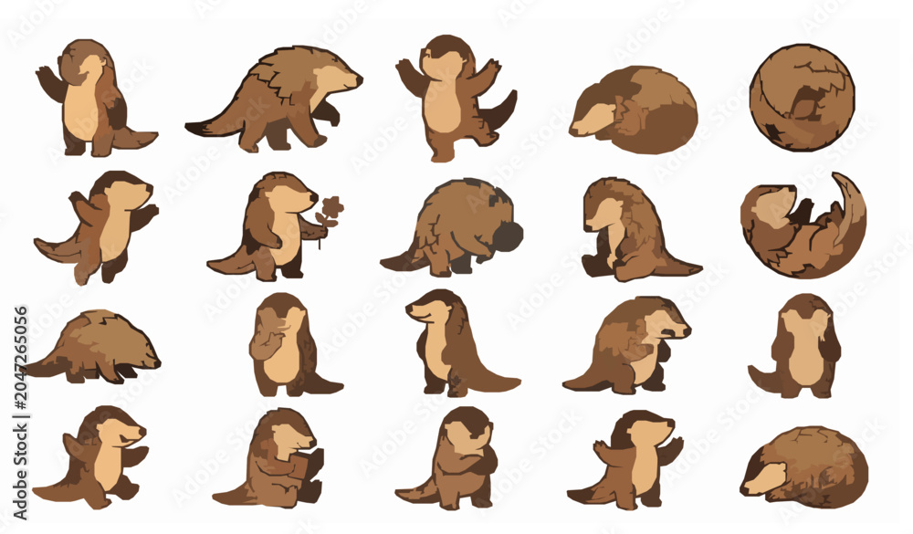 Fototapeta premium Funny Pangolin Cartoon Character Vector Pack with Cute Wildlife Clipart and Line Art