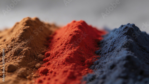 Three piles of colored powders representing futuristic concepts and abstract thought