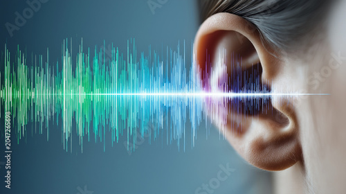 Child Ear Close Up with Sound Waves Auditory System Hearing Test and Assistive Listening Technology