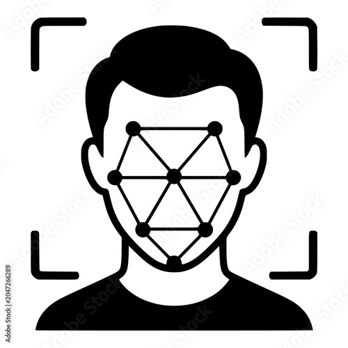 Photos Facial Recognition Mesh on Face in Scanner Frame, Black Vector Icon for Biometri