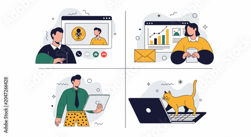 Remote work life scenes showing virtual meetings business tasks and funny home office reality for modern workers