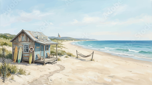 Small wooden beach house on sand.