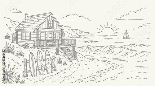 Beach house with wooden fence.