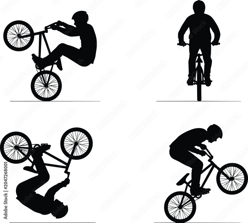 Obraz premium Black BMX rider silhouettes performing wheelie, jump, backflip, and freestyle tricks for extreme sports and creative design projects