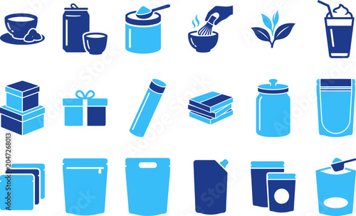 Foto Packaging and container icons modern flat design blue white for food drinks and products