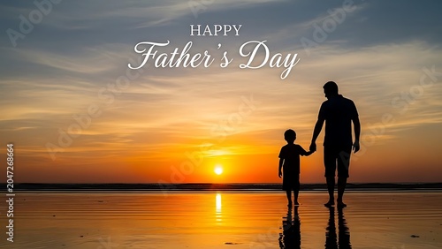 Happy fathers day silhouette of father and son walking on beach at sunset