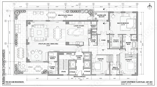 Schilderij op canvas Architectural floor plan of a luxury apartment unit featuring a spacious living