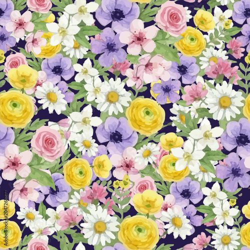 Field flowers, ranunculus, anemone, daisy, and wild rose blossoms on dark bac...