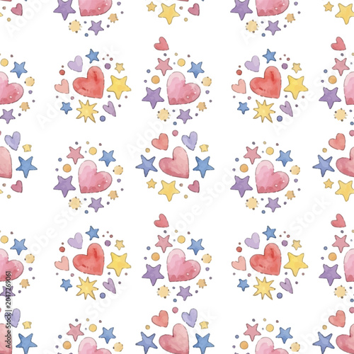 Cosmic love emblem vector seamless pattern with structured watercolor medalli...