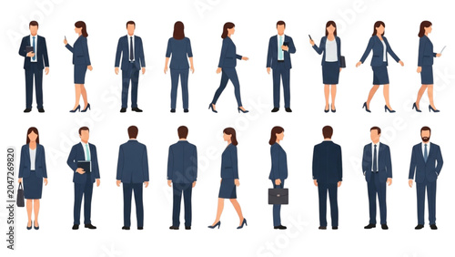 Business professionals in formal attire walk and stand in various poses