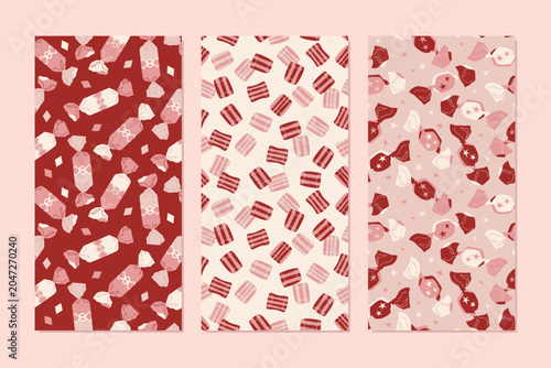 Konstfotografi Set of vector seamless patterns with cute sweets for wrapping paper or other des