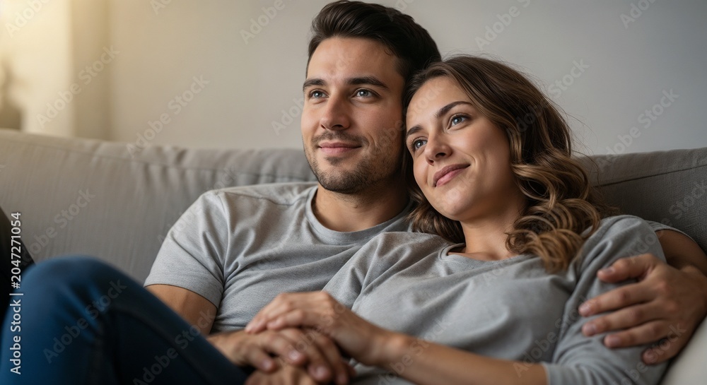 Obraz premium Cozy couple enjoying movie night on couch, smiling joyfully as they cuddle together. Couple embraces warmth and intimacy while watching film, creating a perfect setting for cozy evenings together.