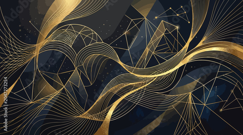 Fotografie Abstract background with golden flowing lines and geometric constellations