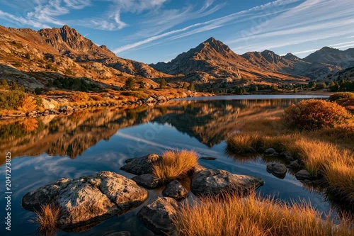 serene alpine autumn landscape, romantic autumn lake valley, peaceful mountain lake at dusk