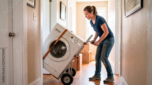 Woman carefully moving a washing machine on a dolly through a hallway