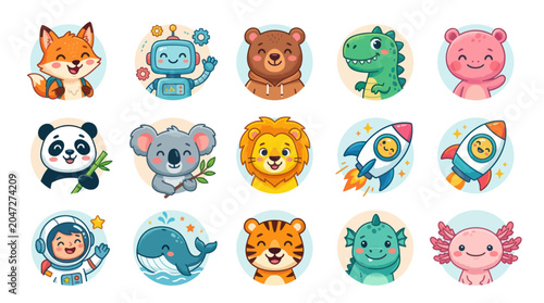 Canvas Print Round sticker set of cute cartoon animals and space.