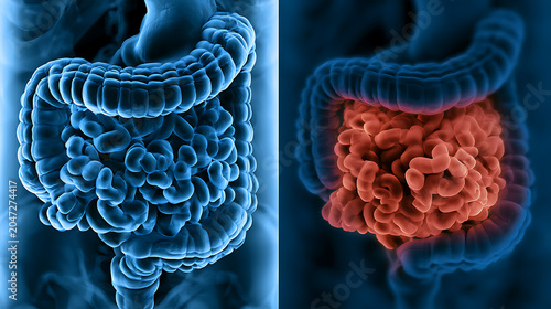 Diverticulosis and Diverticulitis. A medical illustration of the difference between diverticulosis and diverticulitis.