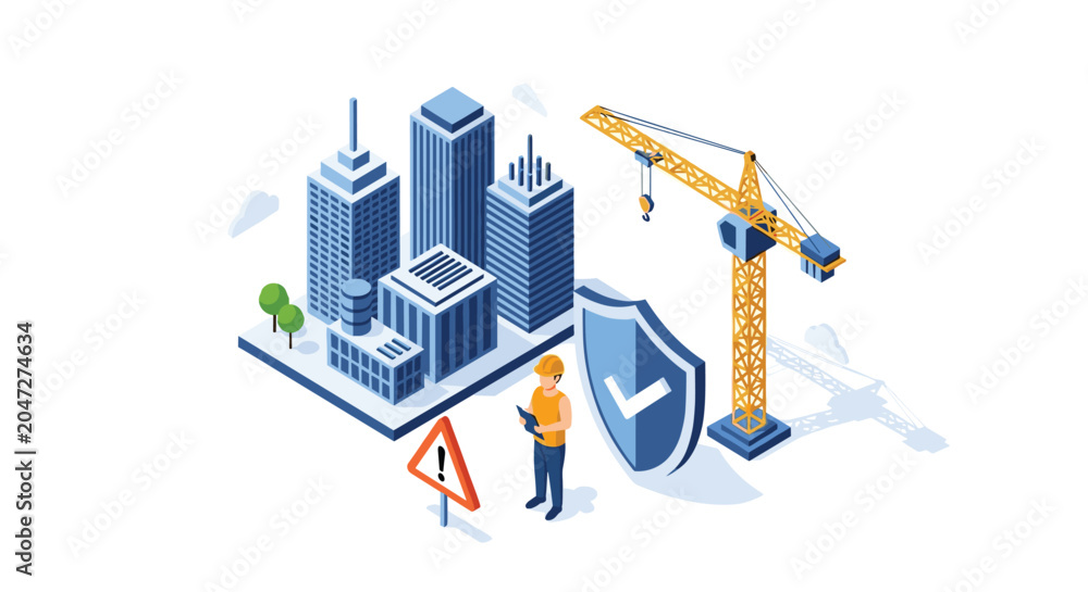 Naklejka premium Construction site safety concept featuring a worker monitoring high-rise buildings and a crane behind a protective shield.
