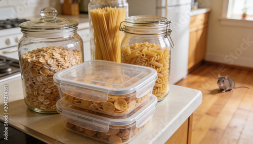 Small mouse on kitchen floor near plastic containers with dry food and pasta.