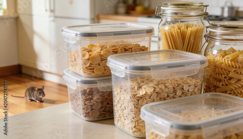 Little rodent sneaking into modern kitchen pantry with sealed food storage jars.