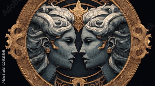 Ornate golden frame surrounds symmetrical ancient stone faces looking at each other