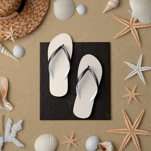A blank white set of flip flop mockup on the beach floor and summer theme 