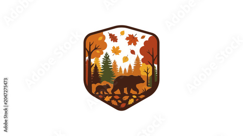 Photography Autumn Forest Scene with Bears and Falling Leaves Emblem